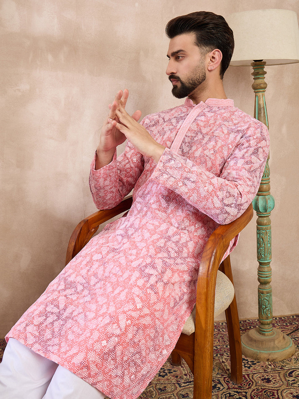 Men Pink Viscose Rayon Ethnic Motifs Embroidered Straight Kurta With Trouser-MKSET1654