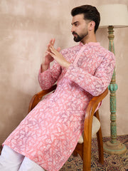Men Pink Viscose Rayon Ethnic Motifs Embroidered Straight Kurta With Trouser-MKSET1654