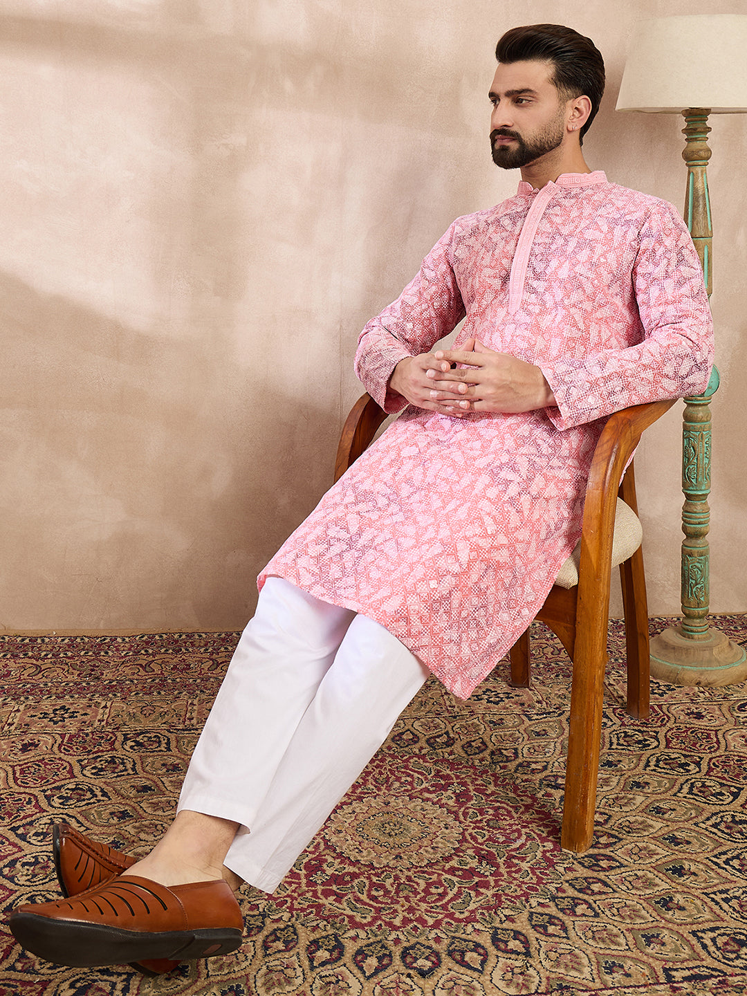 Men Pink Viscose Rayon Ethnic Motifs Embroidered Straight Kurta With Trouser-MKSET1654