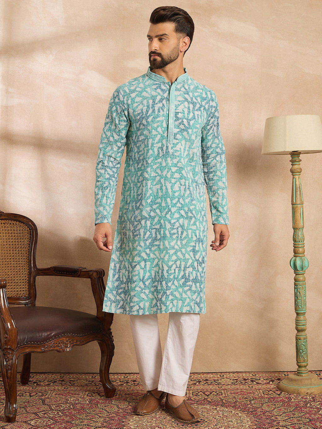 Men Teal Viscose Rayon Solid Printed Straight Kurta Sets-MKSET1655