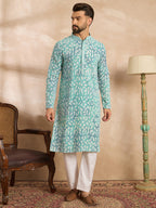 Men Teal Viscose Rayon Solid Printed Straight Kurta Sets-MKSET1655