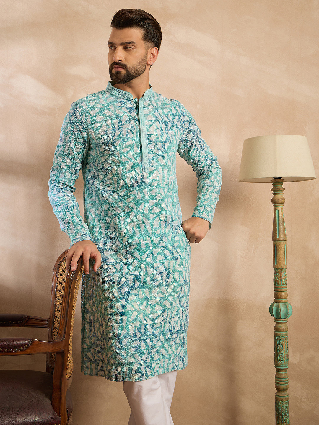 Men Teal Viscose Rayon Solid Printed Straight Kurta Sets-MKSET1655