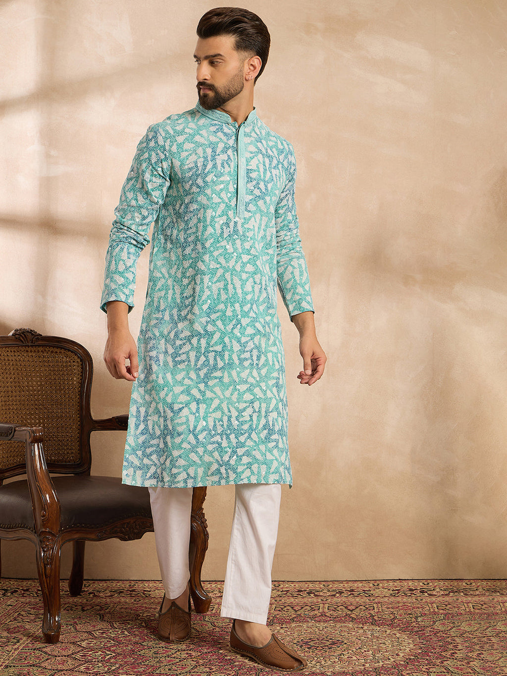 Men Teal Viscose Rayon Solid Printed Straight Kurta Sets-MKSET1655