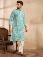 Men Teal Viscose Rayon Solid Printed Straight Kurta Sets-MKSET1655