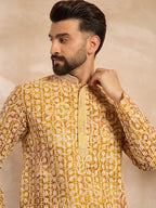 Men Yellow Viscose Rayon Batik Embroidered Straight Kurta Sets-MKSET1656