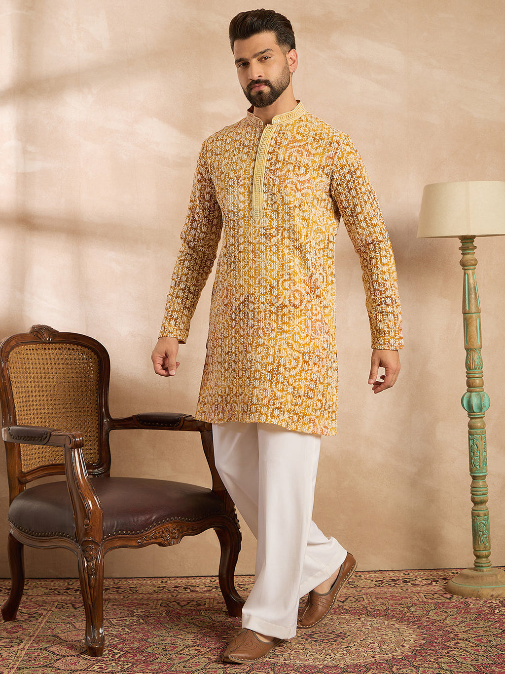 Men Yellow Viscose Rayon Batik Embroidered Straight Kurta Sets-MKSET1656