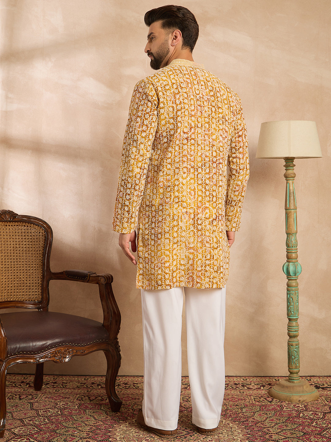 Men Yellow Viscose Rayon Batik Embroidered Straight Kurta Sets-MKSET1656