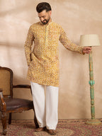Men Yellow Viscose Rayon Batik Embroidered Straight Kurta Sets-MKSET1656