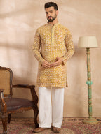 Men Yellow Viscose Rayon Batik Embroidered Straight Kurta Sets-MKSET1656