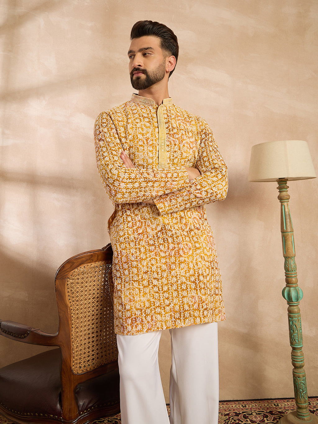 Men Yellow Viscose Rayon Batik Embroidered Straight Kurta Sets-MKSET1656