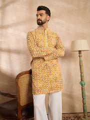 Men Yellow Viscose Rayon Batik Embroidered Straight Kurta Sets-MKSET1656