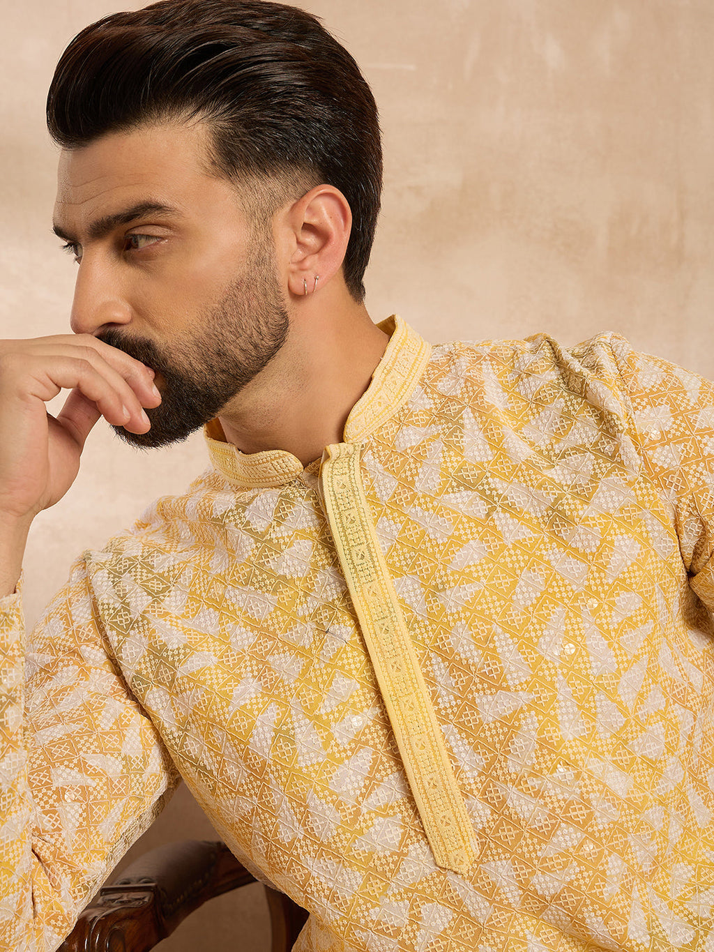 Men Yellow Viscose Rayon Solid Printed Straight Kurta Sets-MKSET1657