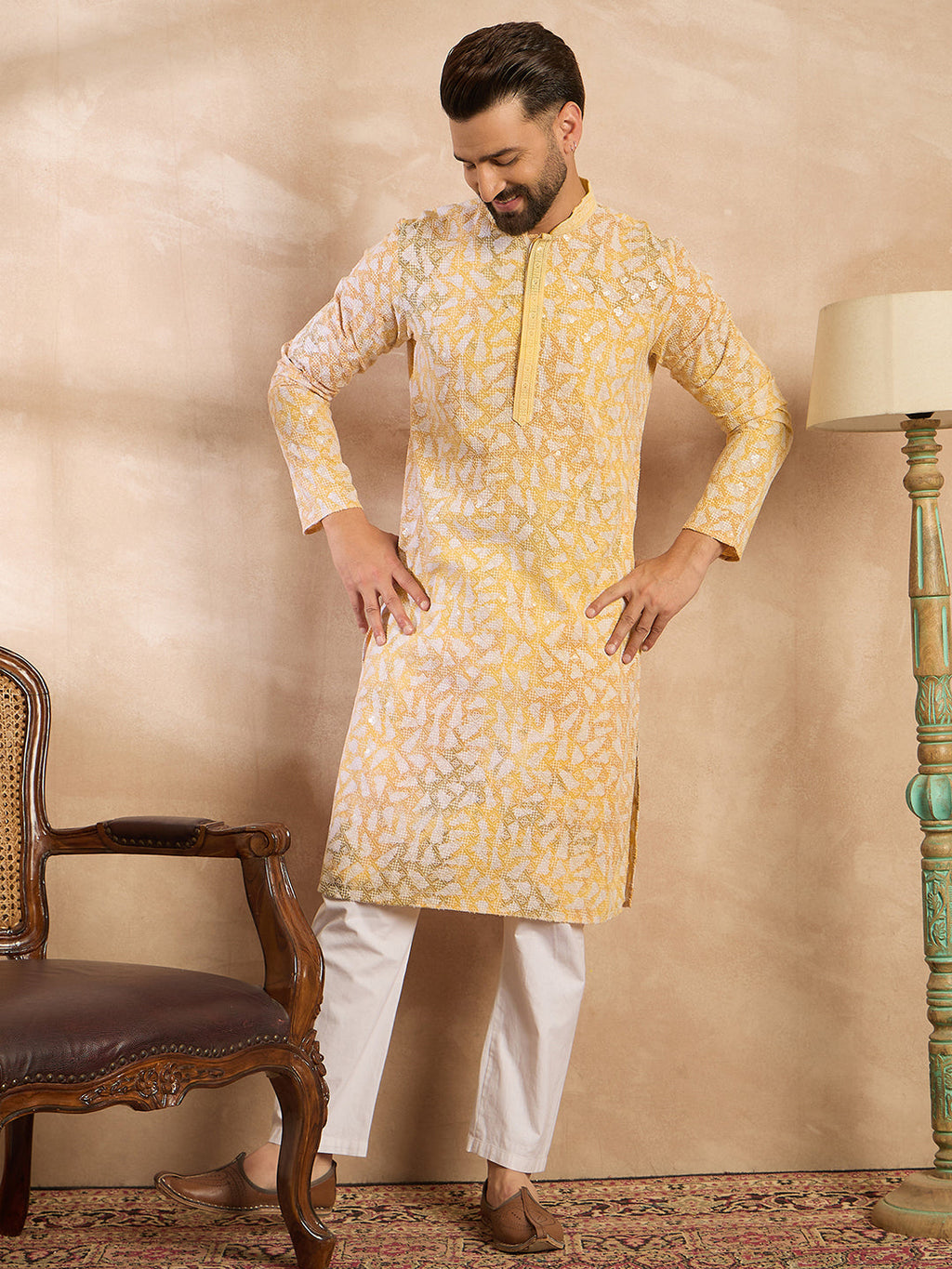 Men Yellow Viscose Rayon Solid Printed Straight Kurta Sets-MKSET1657