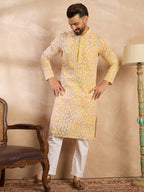 Men Yellow Viscose Rayon Solid Printed Straight Kurta Sets-MKSET1657