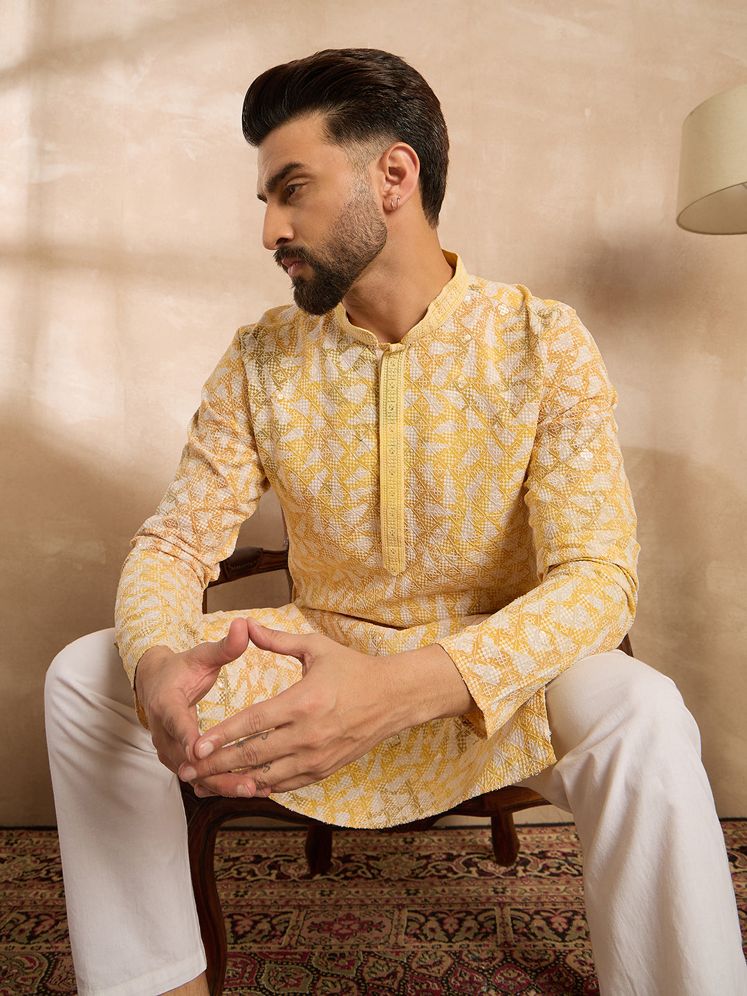 Men Yellow Viscose Rayon Solid Printed Straight Kurta Sets-MKSET1657