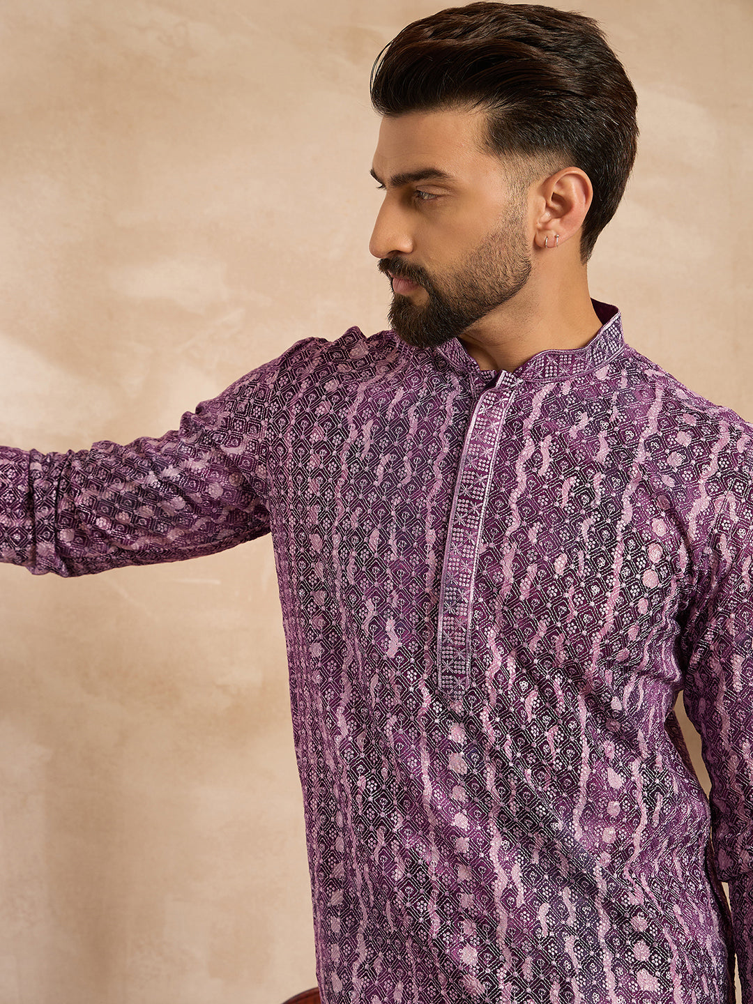 Men Purple Viscose Rayon Solid Printed Straight Kurta Sets-MKSET1658