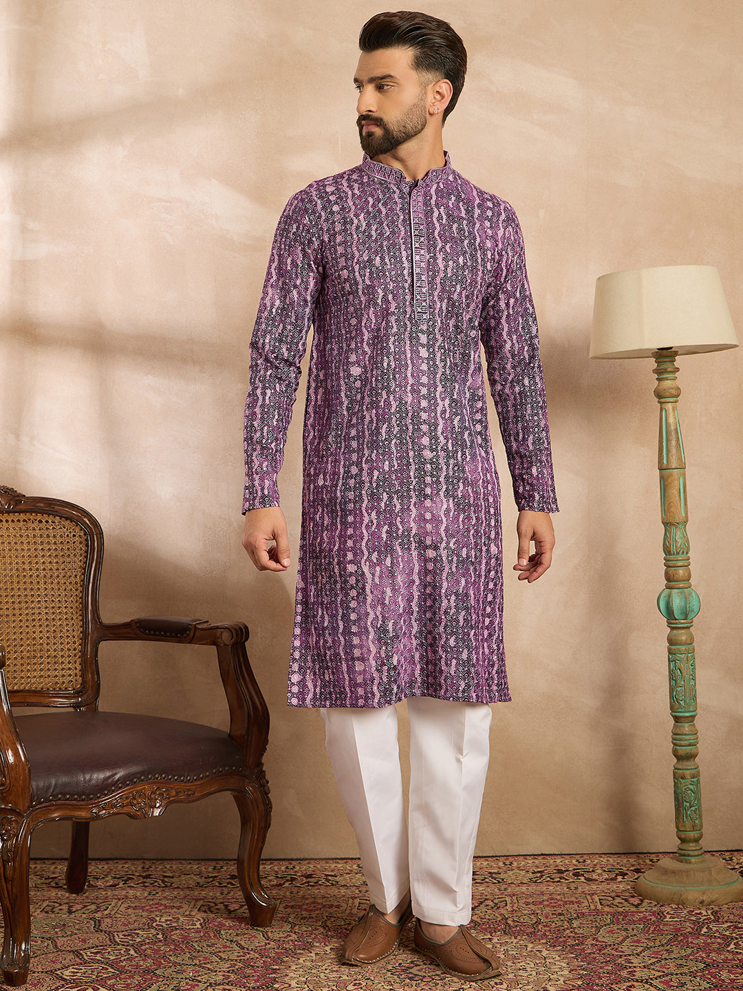 Men Purple Viscose Rayon Solid Printed Straight Kurta Sets-MKSET1658
