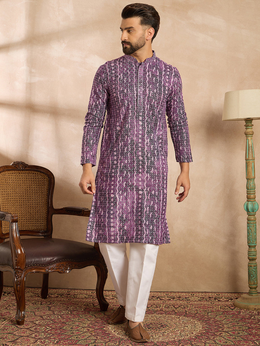 Men Purple Viscose Rayon Solid Printed Straight Kurta Sets-MKSET1658