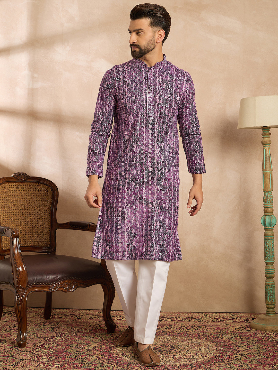 Men Purple Viscose Rayon Solid Printed Straight Kurta Sets-MKSET1658