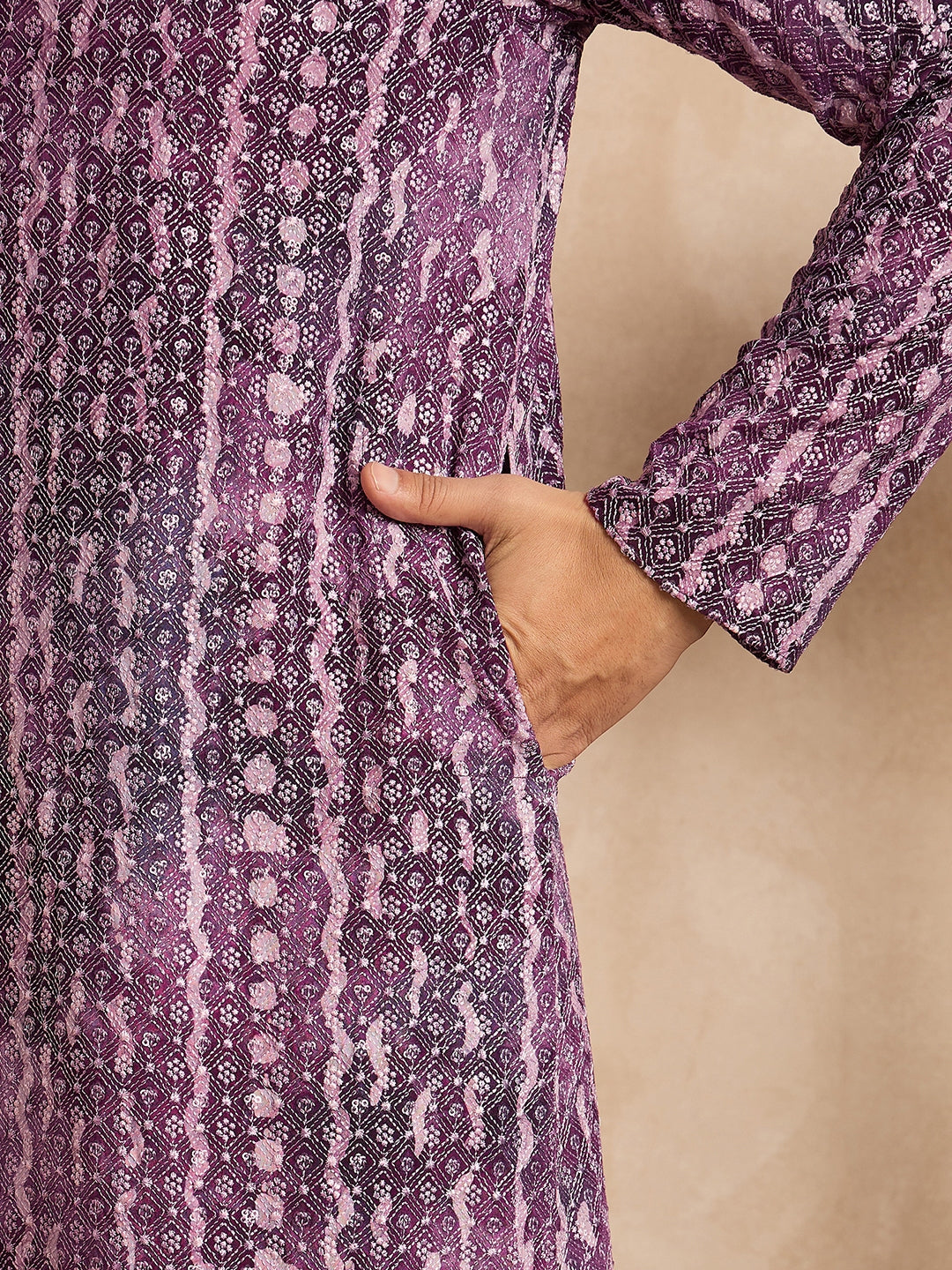 Men Purple Viscose Rayon Solid Printed Straight Kurta Sets-MKSET1658