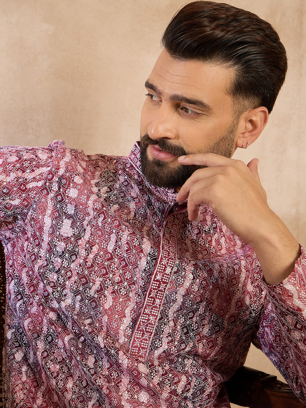 Men Brown Viscose Rayon Solid Printed Straight Kurta Sets-MKSET1660