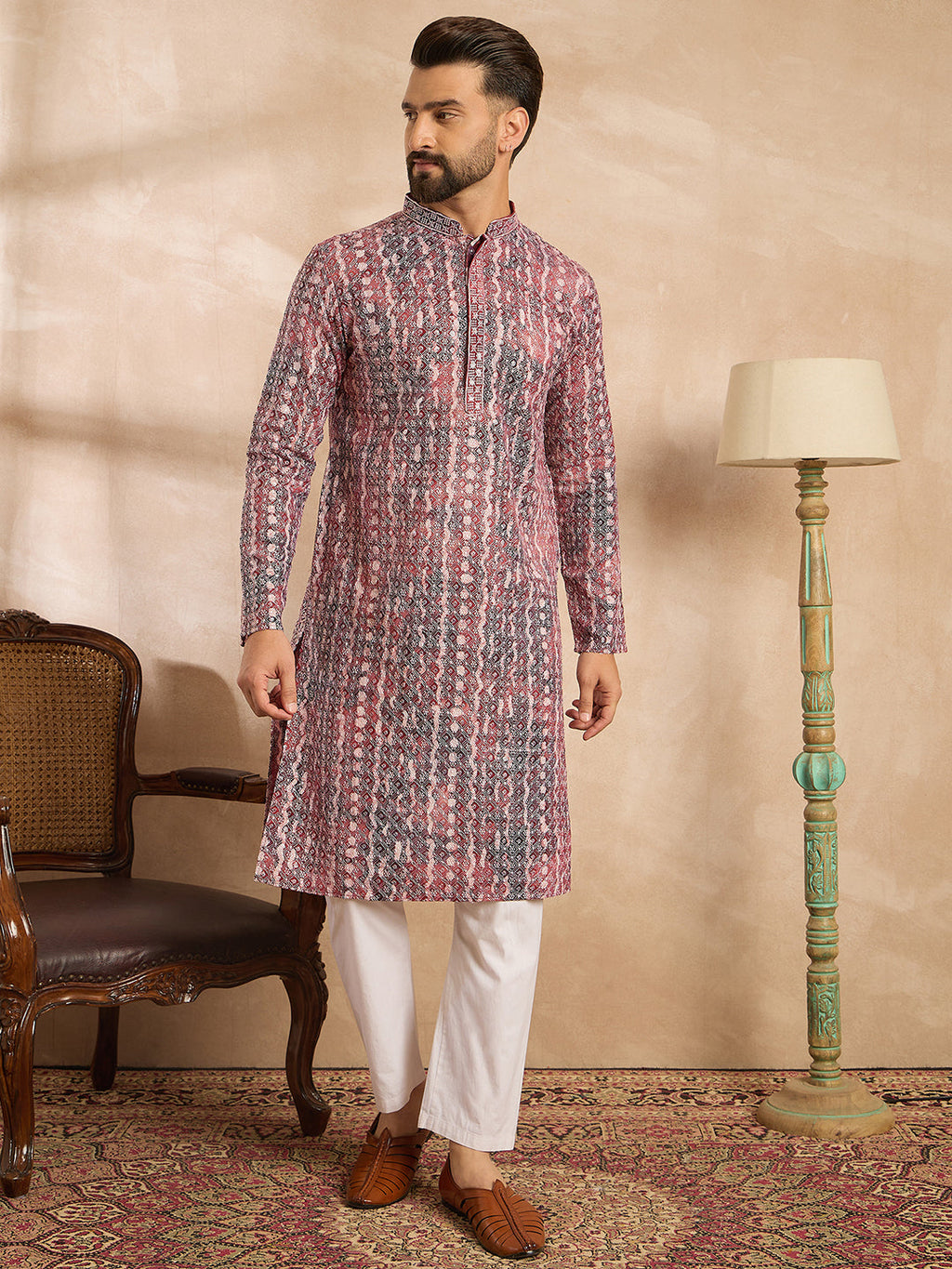Men Brown Viscose Rayon Solid Printed Straight Kurta Sets-MKSET1660