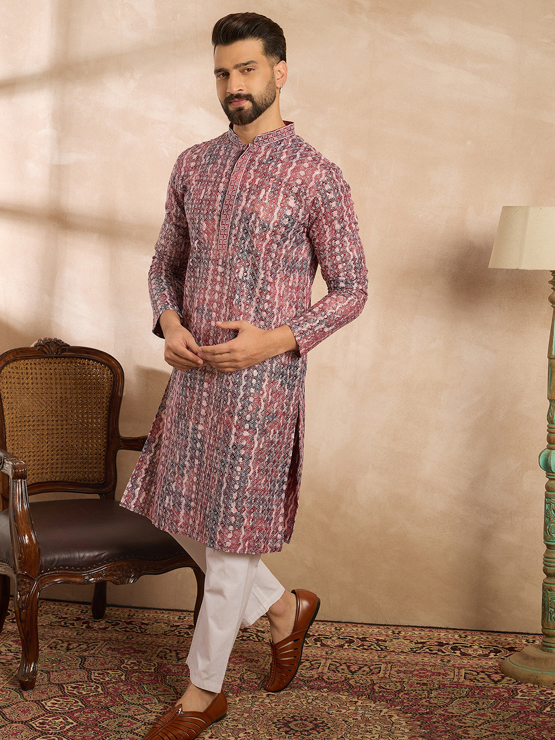 Men Brown Viscose Rayon Solid Printed Straight Kurta Sets-MKSET1660