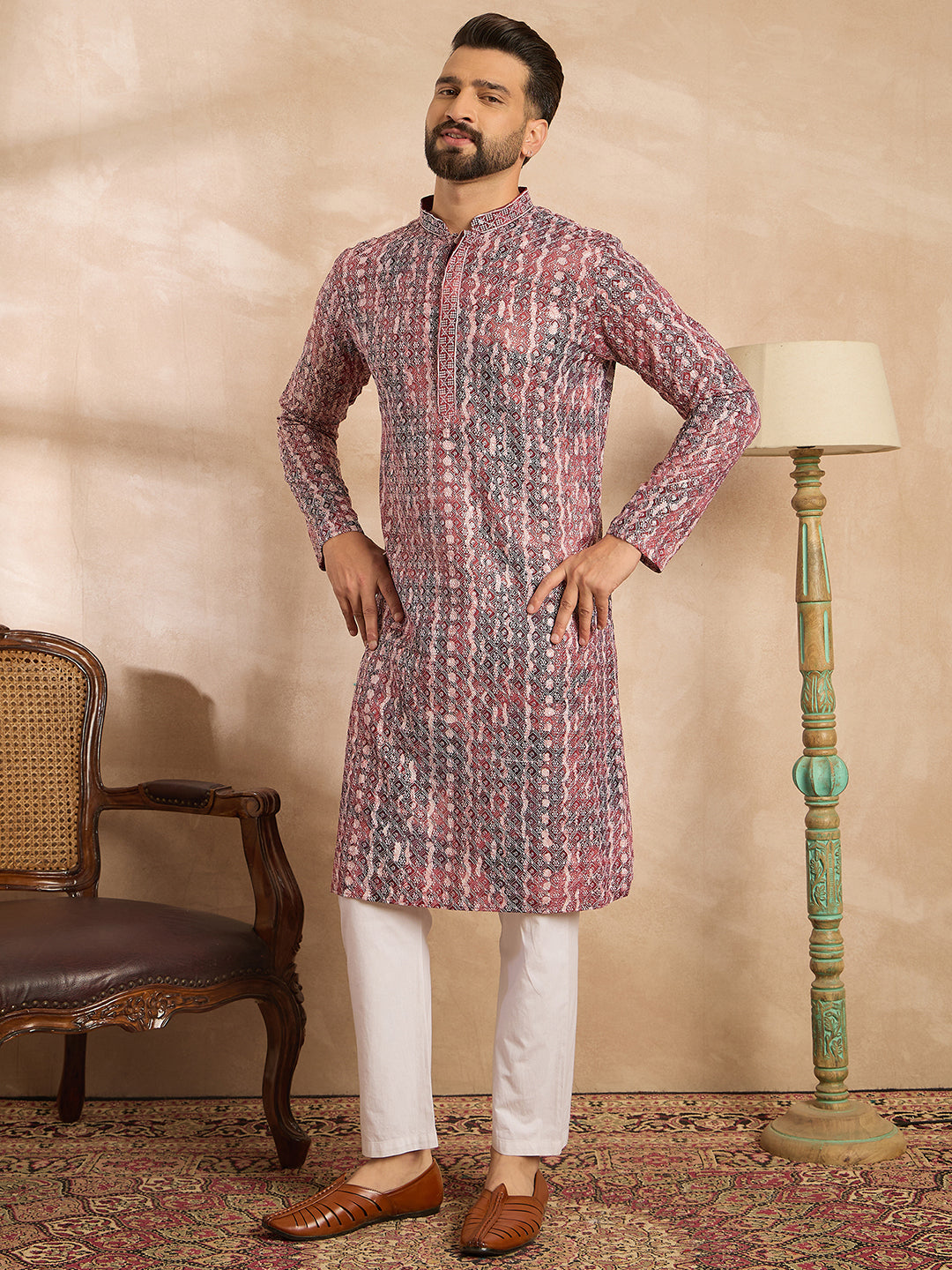 Men Brown Viscose Rayon Solid Printed Straight Kurta Sets-MKSET1660