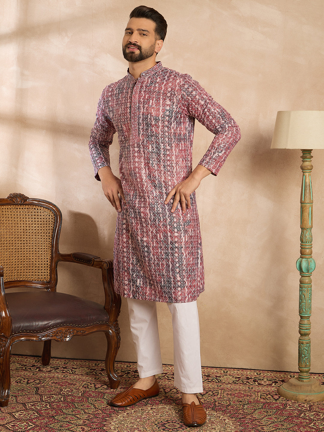 Men Brown Viscose Rayon Solid Printed Straight Kurta Sets-MKSET1660
