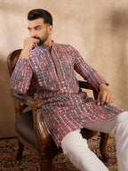 Men Brown Viscose Rayon Solid Printed Straight Kurta Sets-MKSET1660