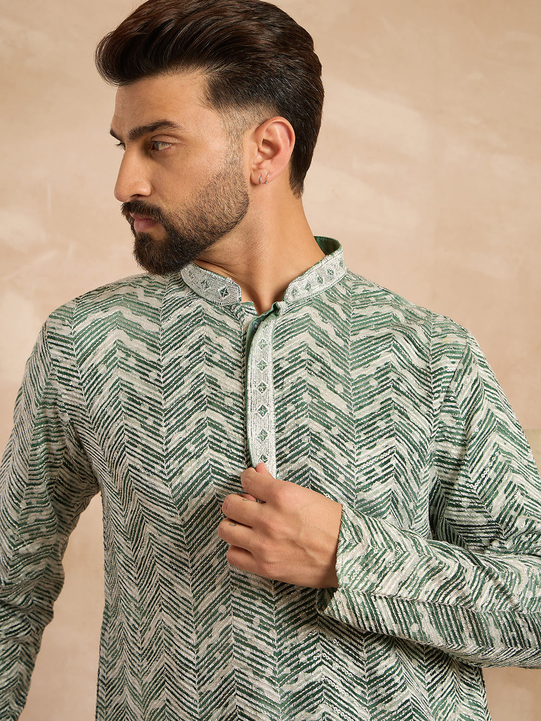 Men Green Silk Blend Solid Embroidered Straight Kurta Sets-MKSET1664