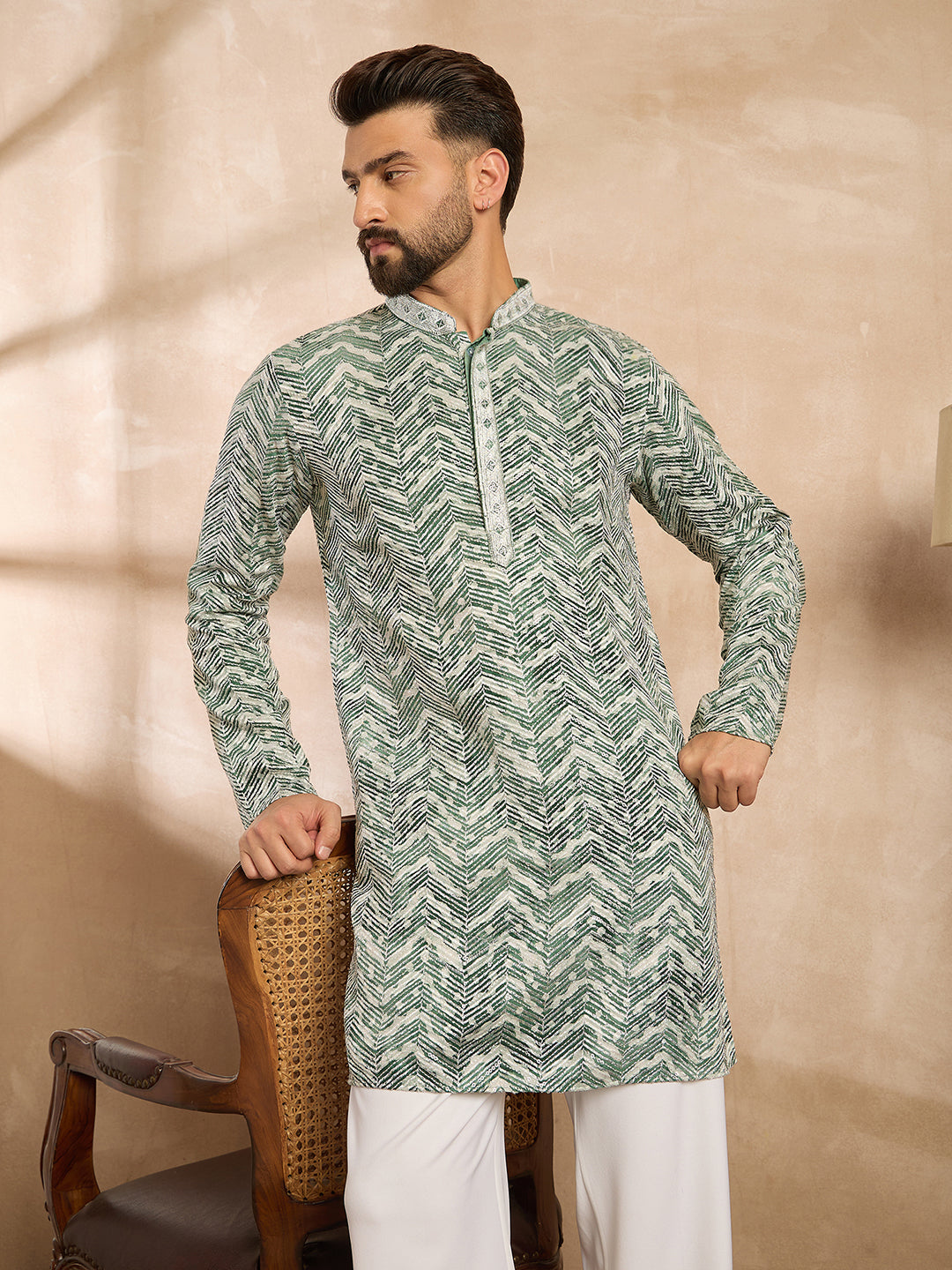 Men Green Silk Blend Solid Embroidered Straight Kurta Sets-MKSET1664
