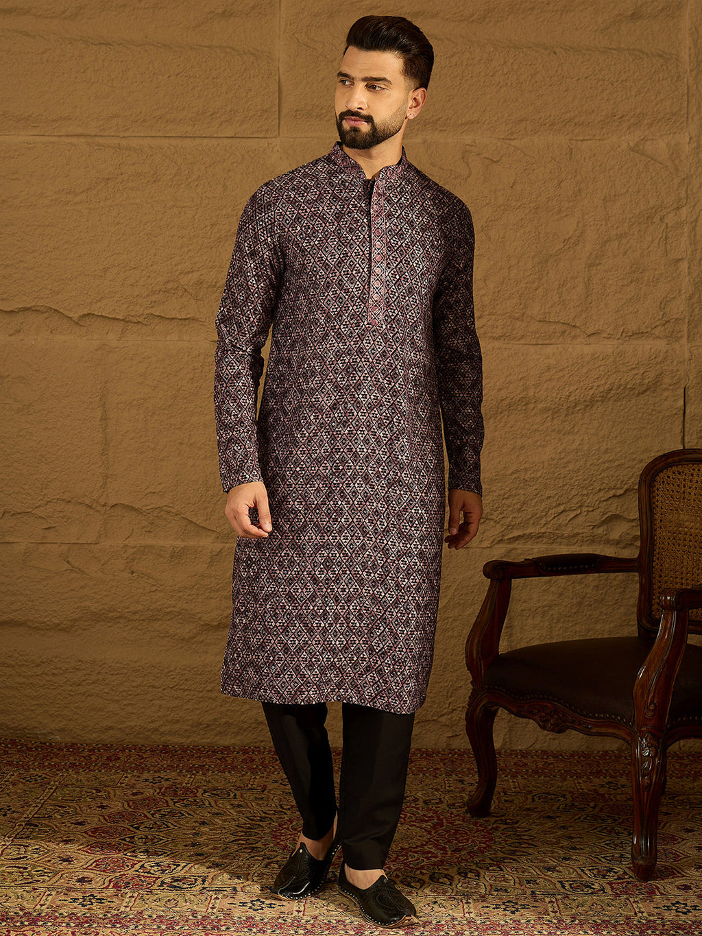 Men Black Viscose Rayon Solid Embroidered Straight Kurta with Trouser-MKSET1665