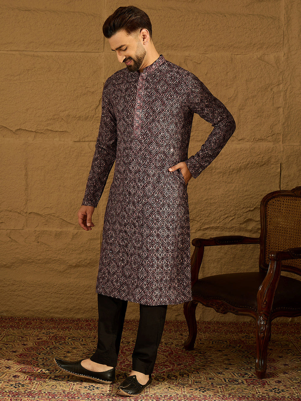 Men Black Viscose Rayon Solid Embroidered Straight Kurta with Trouser-MKSET1665