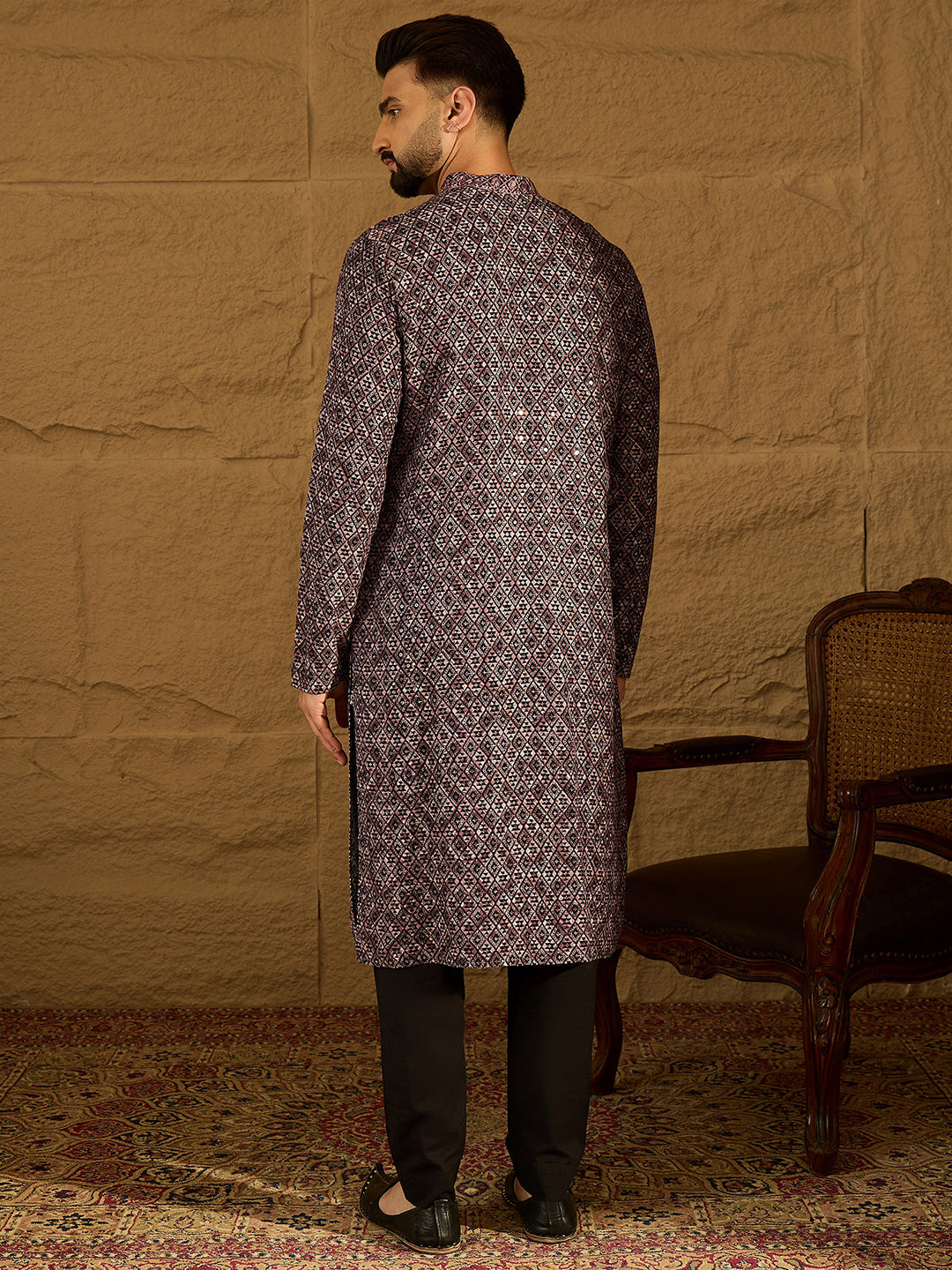Men Black Viscose Rayon Solid Embroidered Straight Kurta with Trouser-MKSET1665