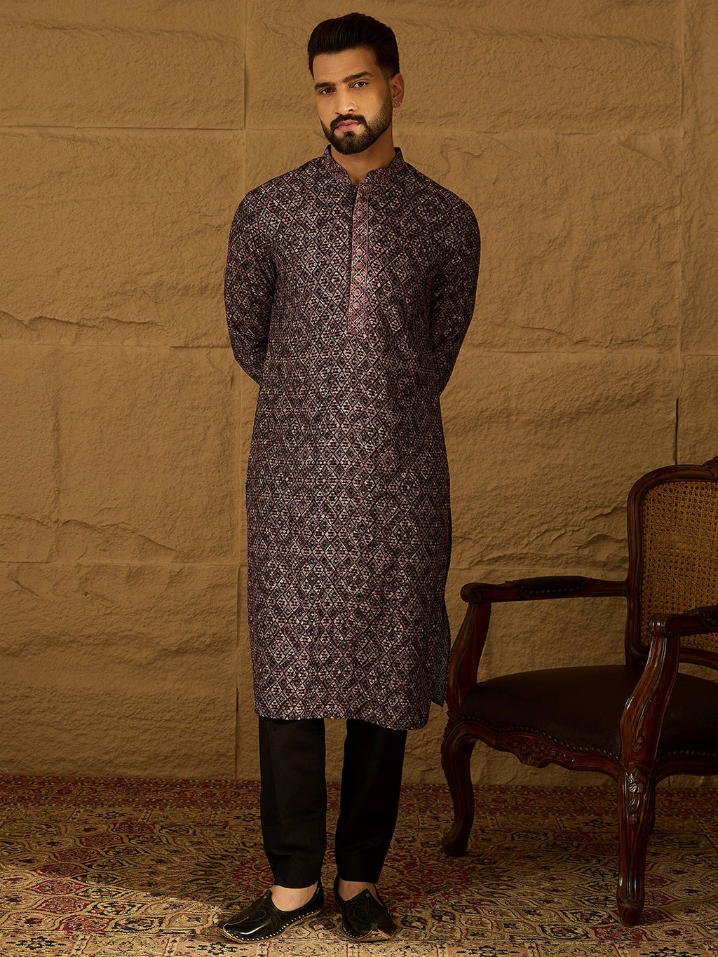 Men Black Viscose Rayon Solid Embroidered Straight Kurta with Trouser-MKSET1665