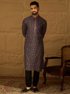 Men Black Viscose Rayon Solid Embroidered Straight Kurta with Trouser-MKSET1665
