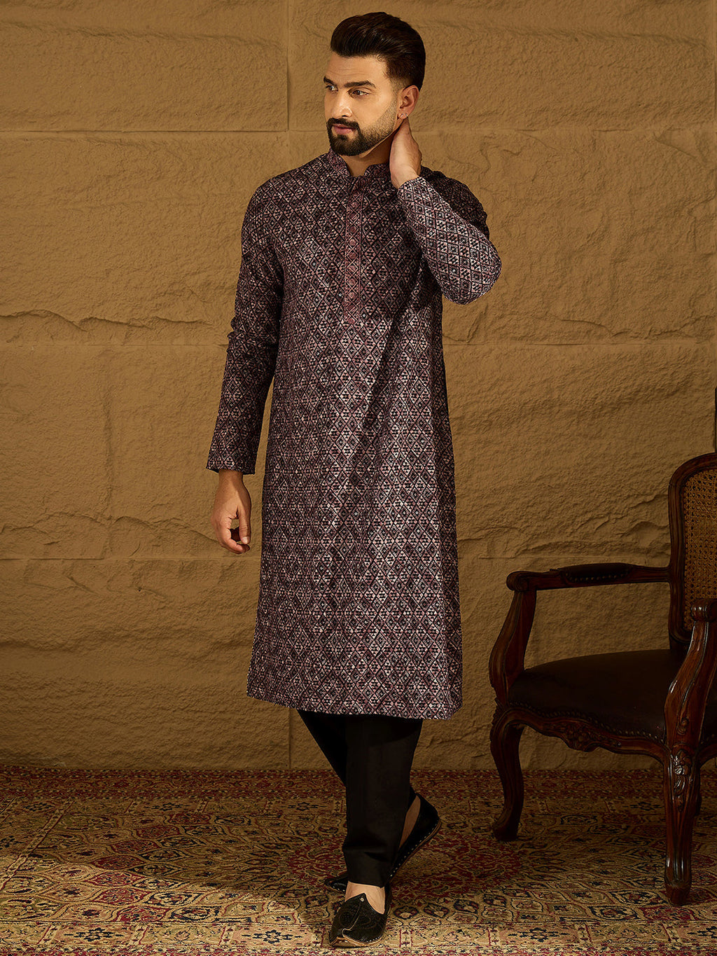 Men Black Viscose Rayon Solid Embroidered Straight Kurta with Trouser-MKSET1665
