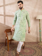 Men Green Viscose Rayon Ethnic Motifs Embroidered Straight Kurta With Trouser-MKSET1672