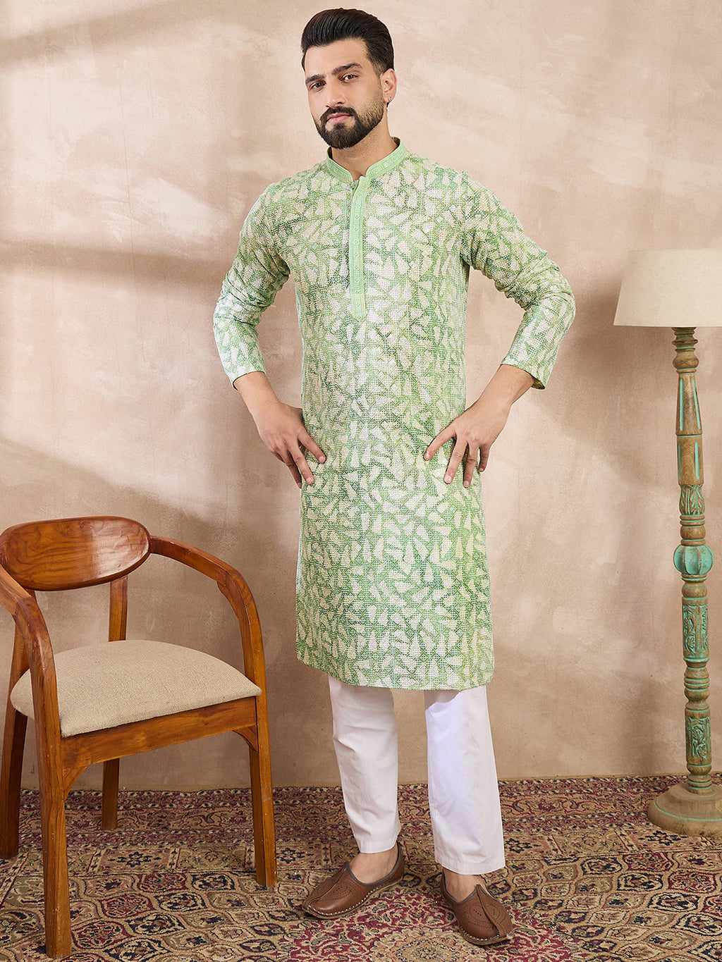 Men Green Viscose Rayon Ethnic Motifs Embroidered Straight Kurta With Trouser-MKSET1672