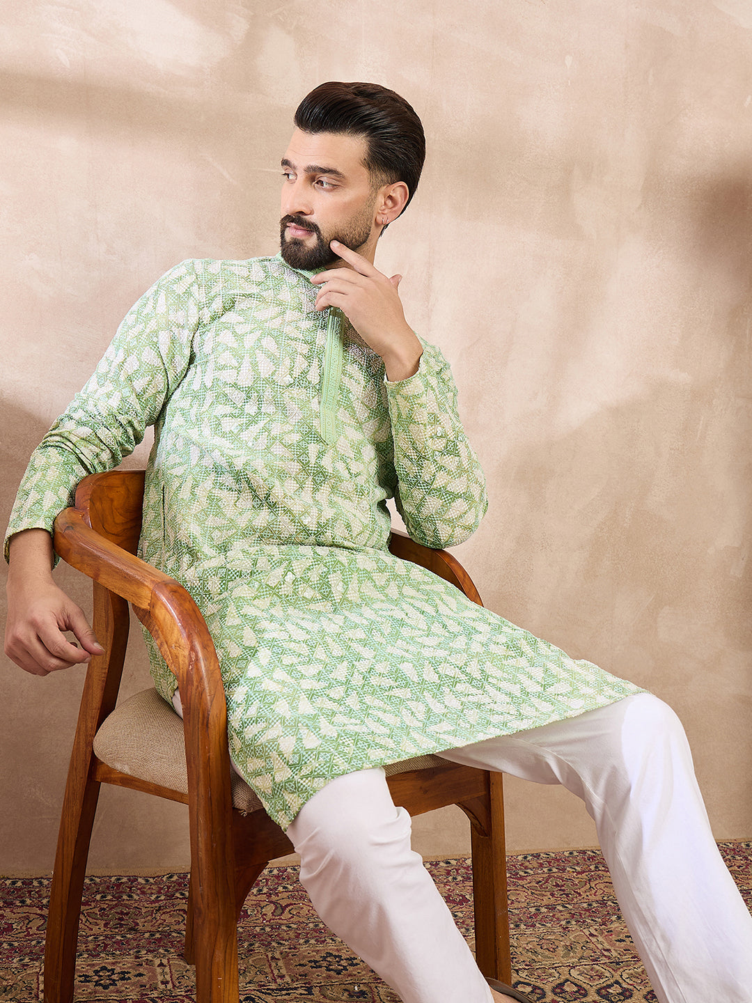 Men Green Viscose Rayon Ethnic Motifs Embroidered Straight Kurta With Trouser-MKSET1672