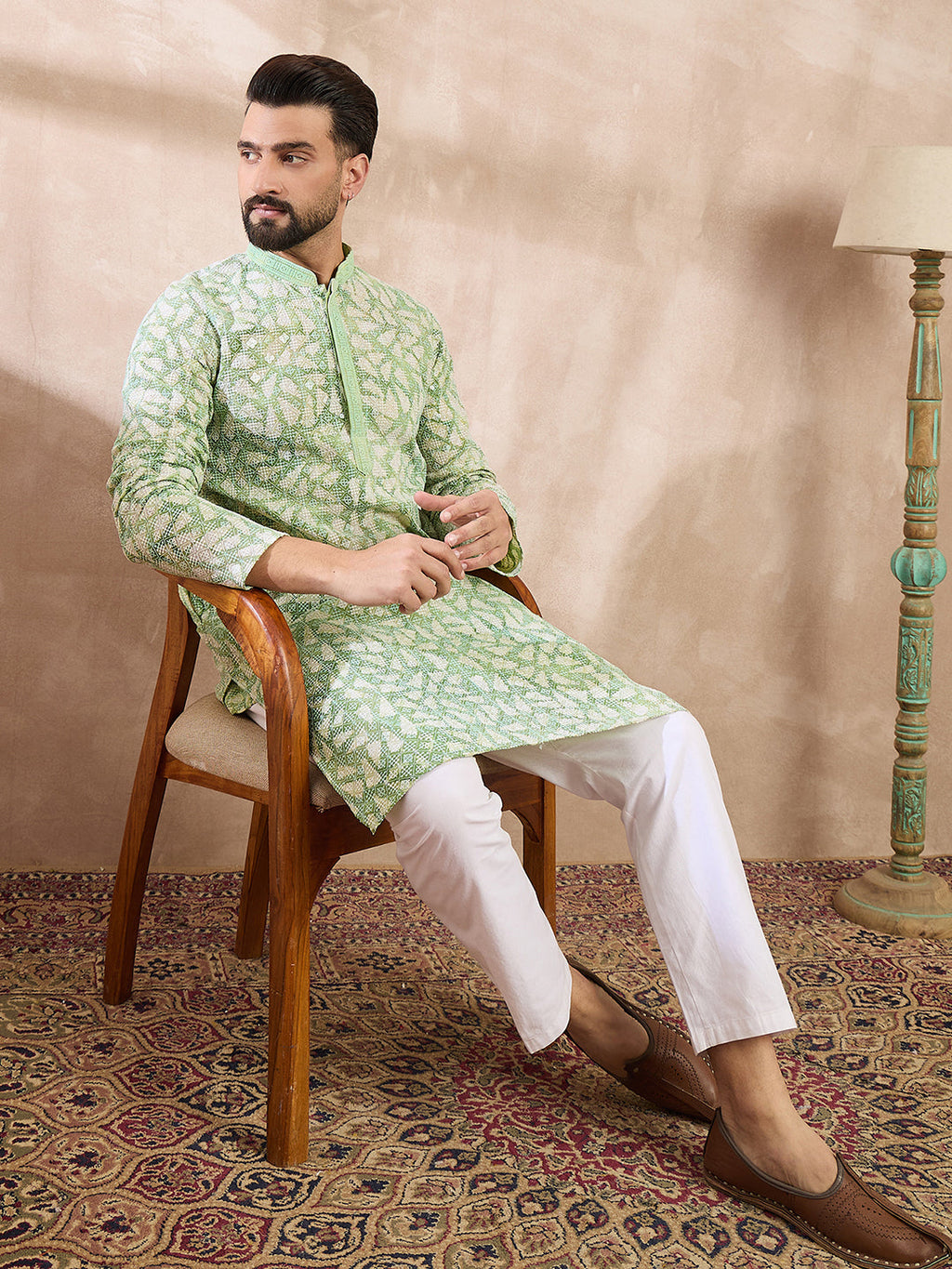 Men Green Viscose Rayon Ethnic Motifs Embroidered Straight Kurta With Trouser-MKSET1672
