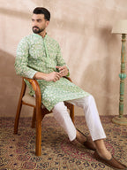 Men Green Viscose Rayon Ethnic Motifs Embroidered Straight Kurta With Trouser-MKSET1672