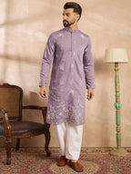Men Lavender Silk Blend Solid Embroidered Straight Kurta Sets-MKSET1674