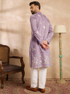 Men Lavender Silk Blend Solid Embroidered Straight Kurta Sets-MKSET1674