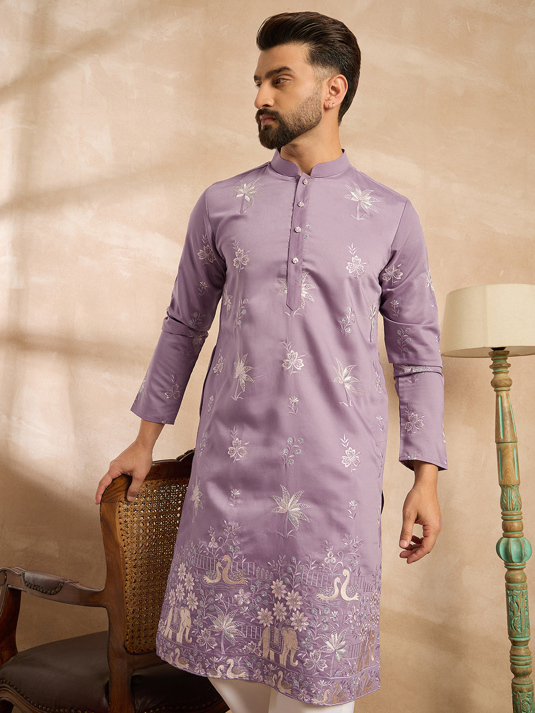 Men Lavender Silk Blend Solid Embroidered Straight Kurta Sets-MKSET1674