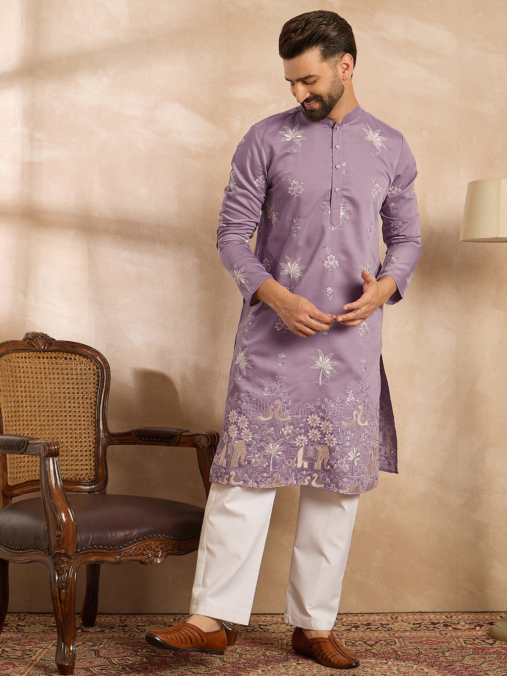 Men Lavender Silk Blend Solid Embroidered Straight Kurta Sets-MKSET1674