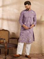 Men Lavender Silk Blend Solid Embroidered Straight Kurta Sets-MKSET1674