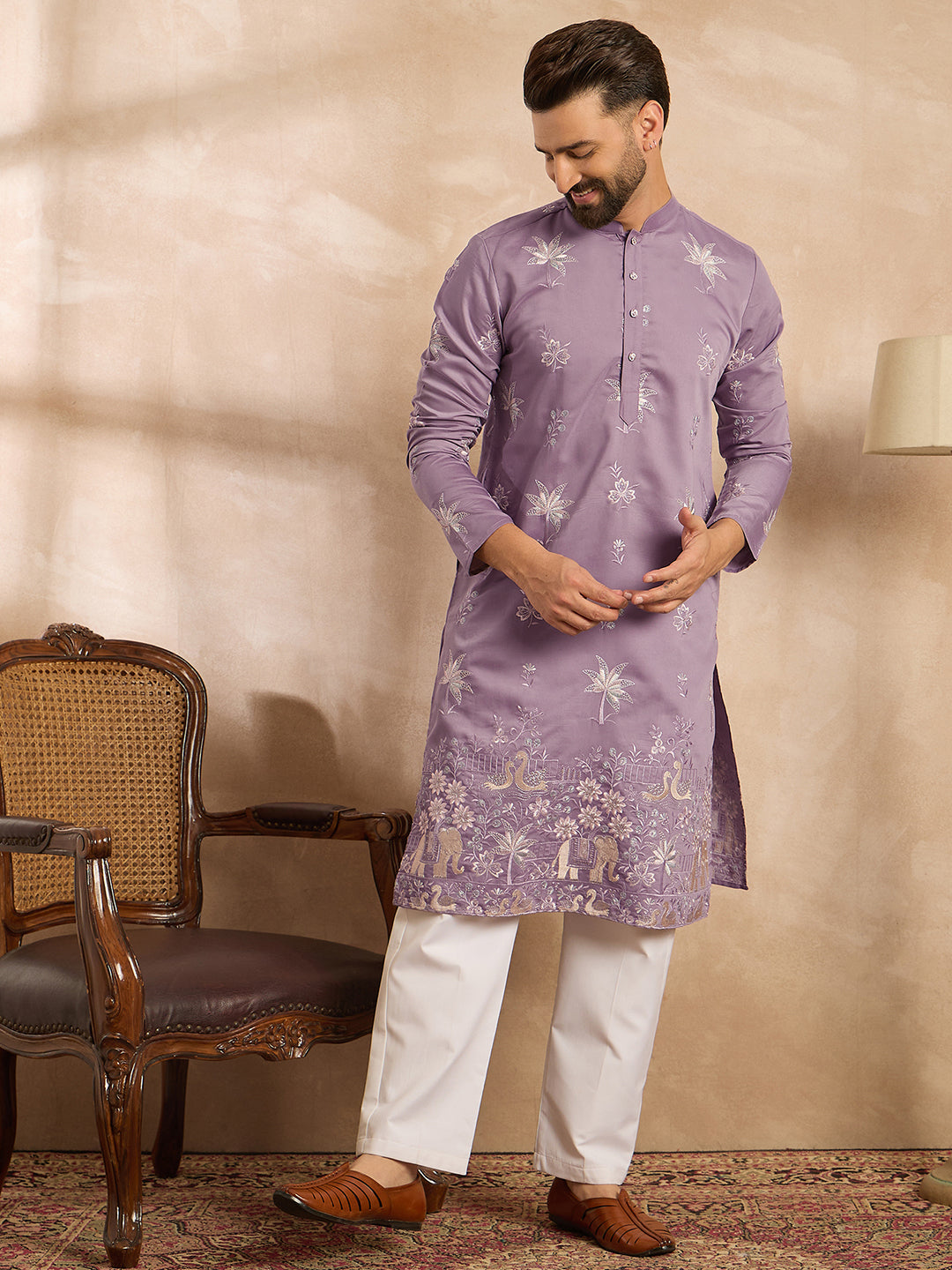 Men Lavender Silk Blend Solid Embroidered Straight Kurta Sets-MKSET1674