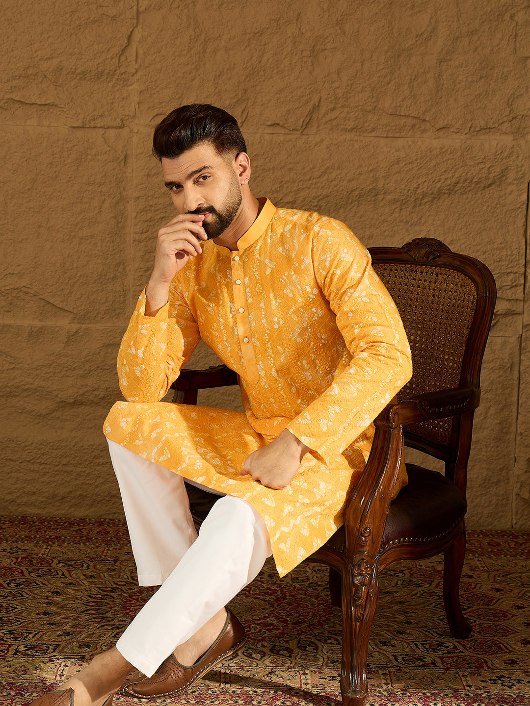 Men Yellow Cotton Batik Embroidered Straight Kurta with Trouser-MKSET1675